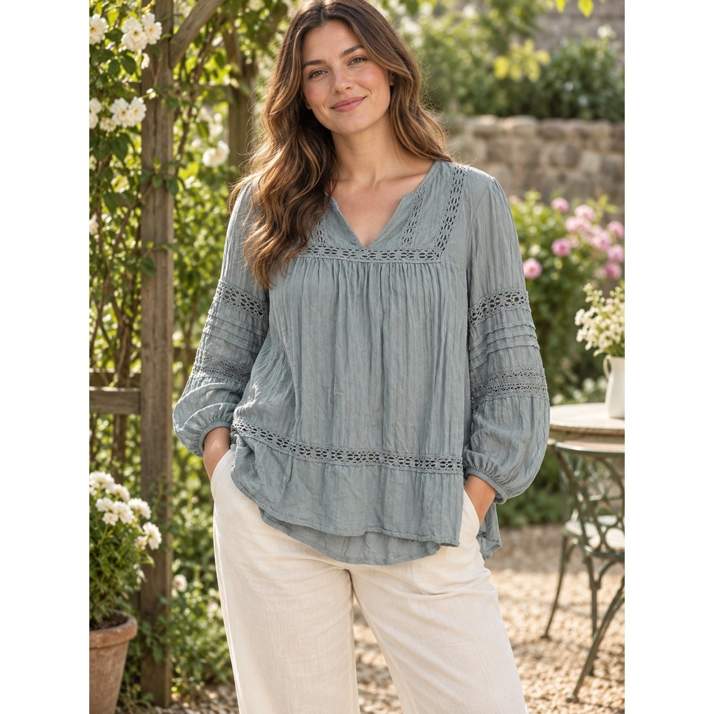 Knox Rose Blouse Women Large Sage Blue Crochet Lace Boho Peasant Top